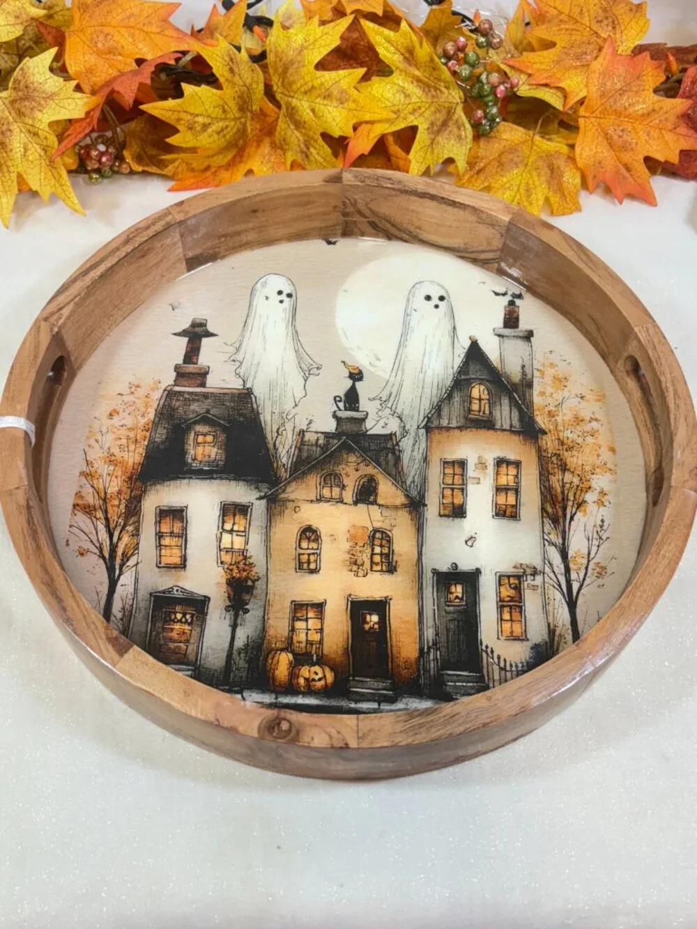 Acacia Wood Round Halloween Ghost & Haunted House 14” Handle Serving Tray